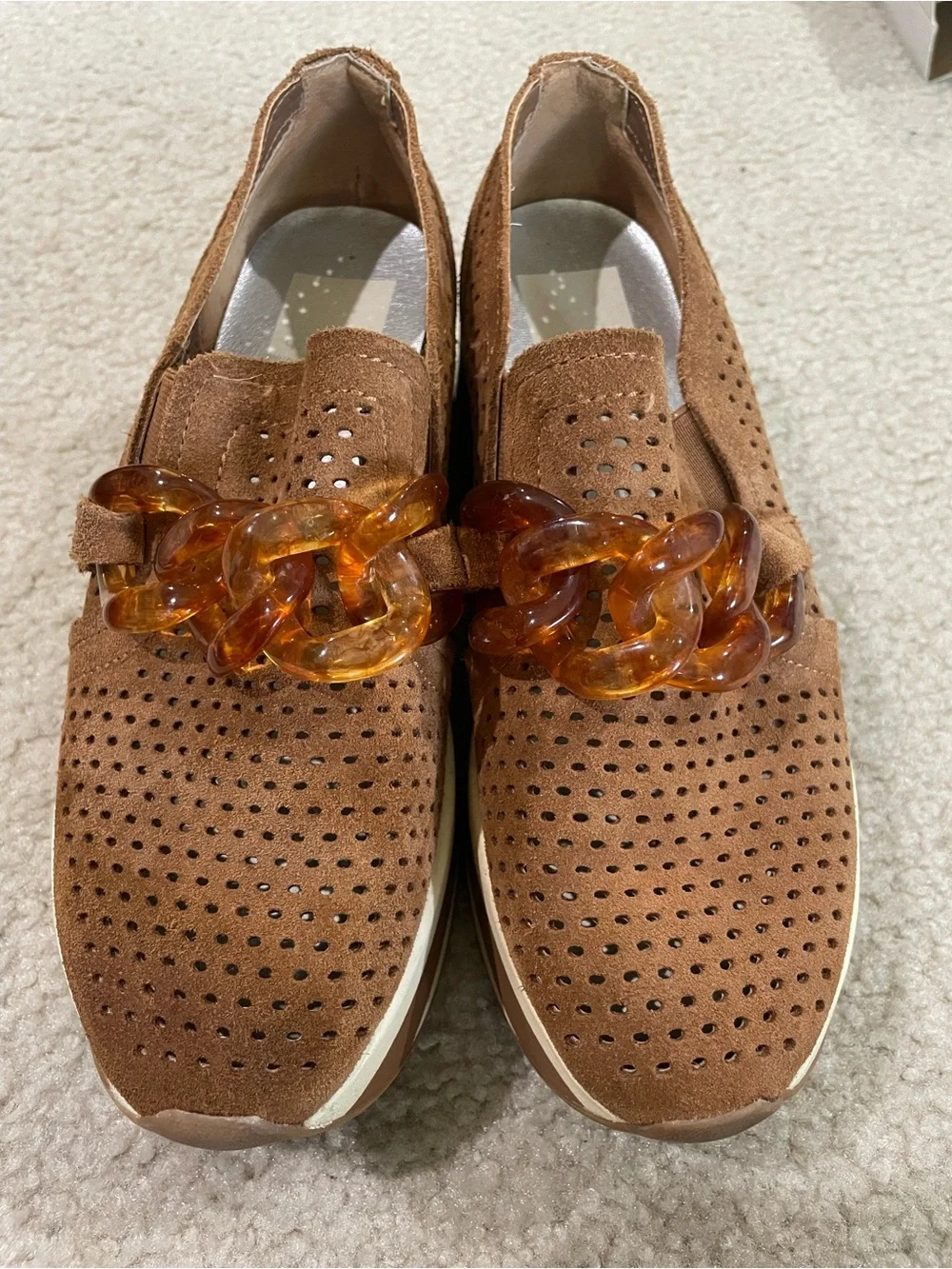 Dolce Vita Tan‎ Suede Platform Slip-On Loafers with Amber Chain